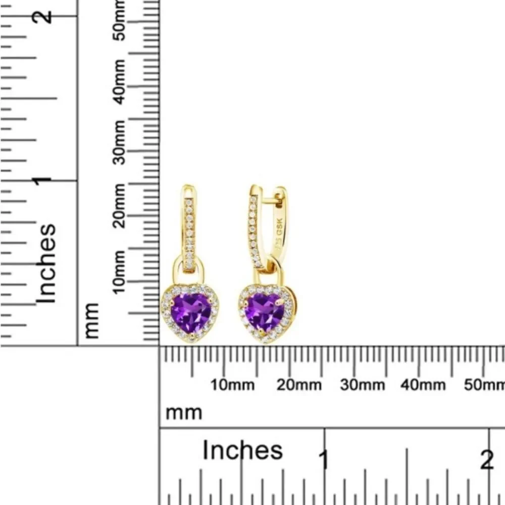 18K Yellow Gold 925 with 2.10 Cttw Amethyst and White Sapphire Heart Earrings